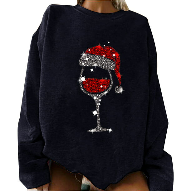 POTO Women Christmas Tops Womens Long Sleeve Red Wine Glass Pullover Sweatshirt Graphic Casual Crewneck Shirts Sweater 